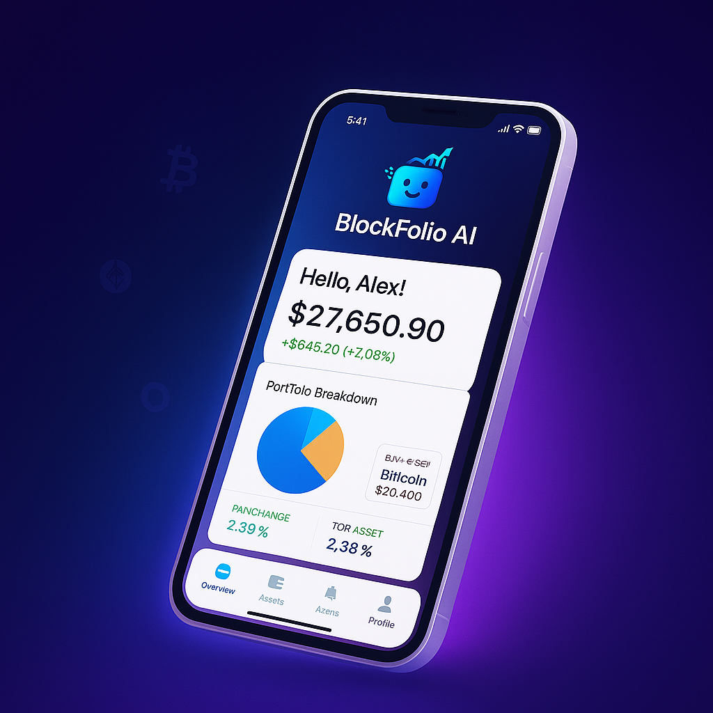 BlockFolio AI app overview on a phone